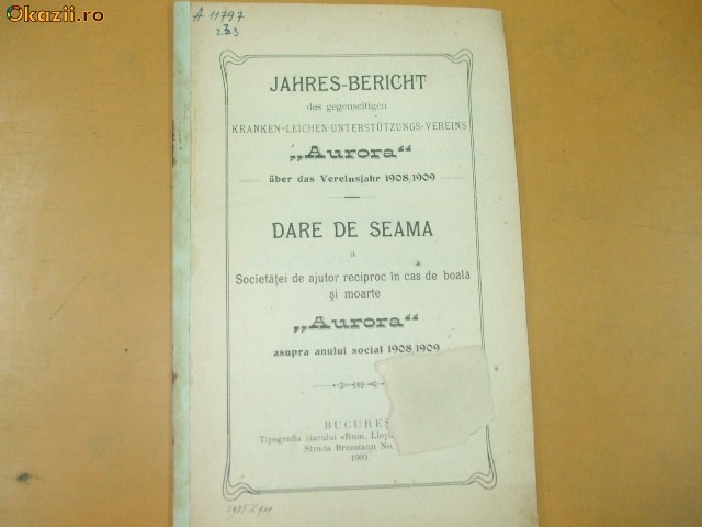 Dare de seama Soc. ajutor ,,Aurora&quot; Buc. 1909