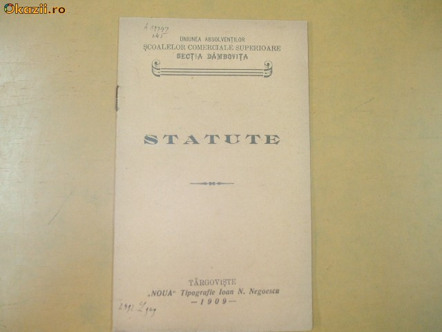 Statute Uniune Absolventi scoli comerciale Dambovita 1909