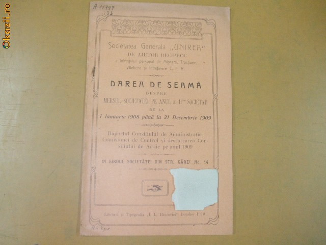 Dare de seama Soc. CFR ,,Unirea&quot; Dorohoi 1910