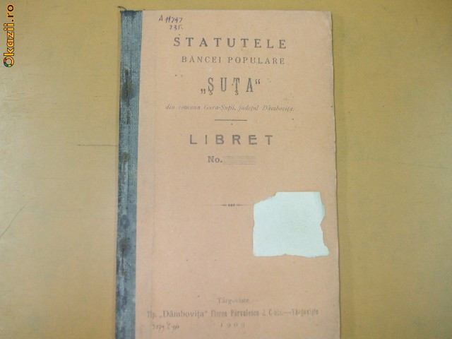 Statute Banca ,,Suta&quot; Gura - Sutii, Dambovita 1909