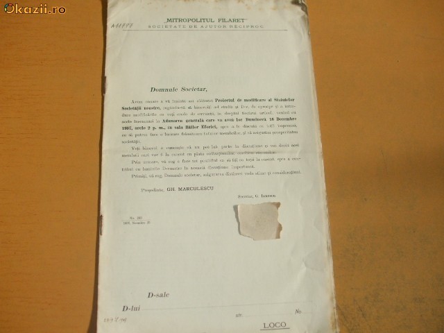 Modificare statut soc. ajutor ,,Mitropolitul Filaret" Buc. 1907 Modificare statut soc. ajutor ,,Mitropolitul Filaret" Buc. 1907