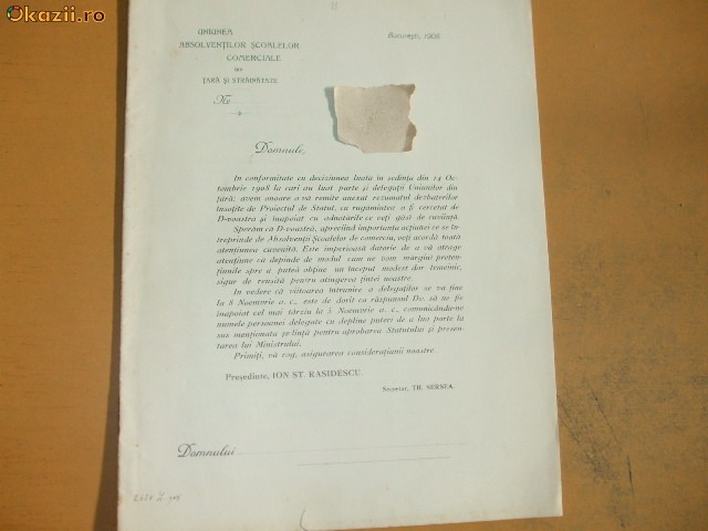 Proect statut absolventi scoli comerciale Buc. 1908 Proect statut absolventi scoli comerciale Buc. 1908