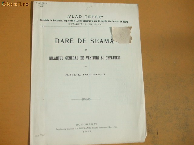 Dare de seama Soc. ajutor ,,Vlad Tepes&quot; Buc. 1911