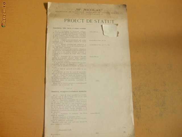 Proiect statut soc. ajutor ,,Sf. Nicolae&quot; Buc. 1911