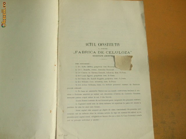 Act constitutiv si statute Fabrica de Celuloza Buc. 1906
