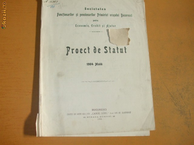 Proect statut Soc. functionari si pensionari primarie Buc. 1904