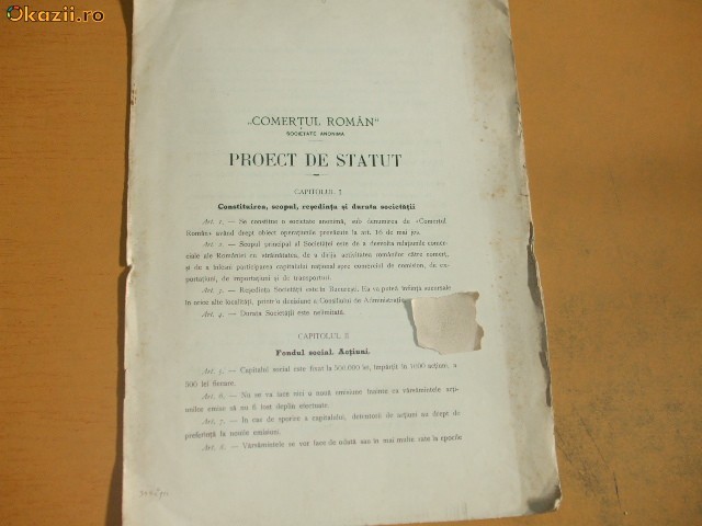 Proect Statut Soc. ,,Comertul Roman" Buc. 1912 Proect Statut Soc. ,,Comertul Roman" Buc. 1912