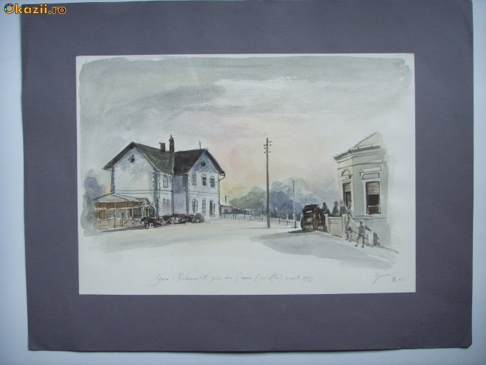 PICTURA-SCENA TRANSILVANIA INTERBELICA DIN UIOARA(GARA)JUD.ALBA,LAVIU/ACUARELA PICTURA-SCENA TRANSILVANIA INTERBELICA DIN UIOARA(GARA)JUD.ALBA,LAVIU/ACUARELA
