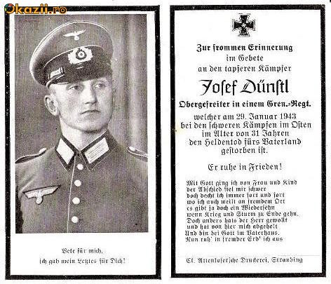 U FOTO 91 Necrolog -Militar german Obergefreiter Josef Dunstl (aviatie?), cazut in razboi, 29 ian 1943, la varsta de 31 de ani -crucea cu zvastica