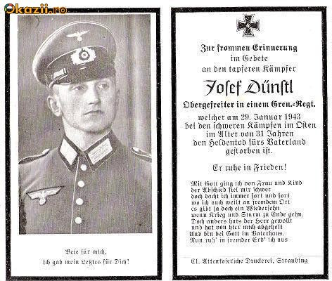 U FOTO 100 Necrolog -Militar german Obergefreiter Josef Dunstl (aviatie?), cazut in razboi, 29 ian 1943, la varsta de 31 de ani -crucea cu zvastica