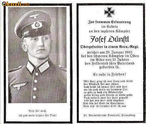 U FOTO 92 Necrolog -Militar german Obergefreiter Josef Dunstl (aviatie?), cazut in razboi, 29 ian 1943, la varsta de 31 de ani -crucea cu zvastica