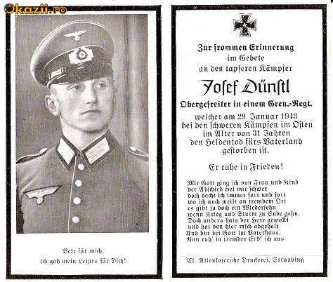 U FOTO 95 Necrolog -Militar german Obergefreiter Josef Dunstl (aviatie?), cazut in razboi, 29 ian 1943, la varsta de 31 de ani -crucea cu zvastica