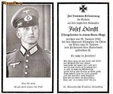 U FOTO 97 Necrolog -Militar german Obergefreiter Josef Dunstl (aviatie?), cazut in razboi, 29 ian 1943, la varsta de 31 de ani -crucea cu zvastica