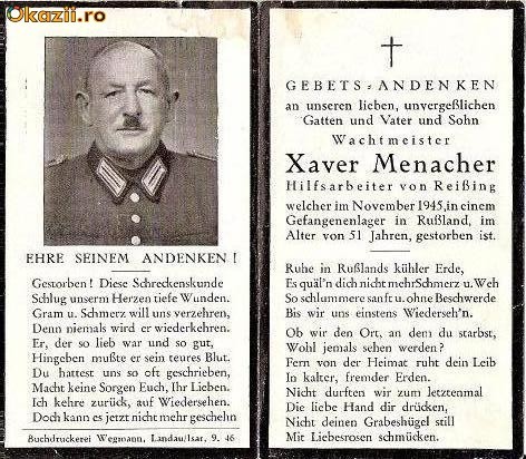 U FOTO 85 Necrolog -Militar german gradul Wachtmeister(sergent major) Xaver Menacher, cazut in razboi, noiembrie 1945, la varsta de 51 de ani