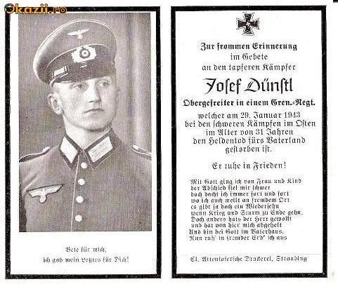 U FOTO 98 Necrolog -Militar german Obergefreiter Josef Dunstl (aviatie?), cazut in razboi, 29 ian 1943, la varsta de 31 de ani -crucea cu zvastica