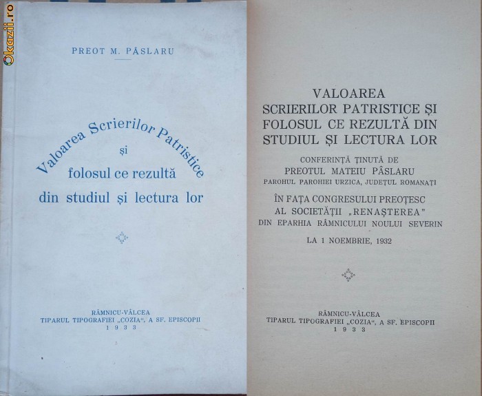 Preot Paslaru , Valoarea scrierilor patristice , cu autograf , Rm. Valcea , 1933