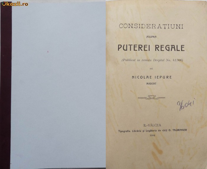 Nicolae Iepure , Consideratiuni asupra puterei regale , Ramnicu Valcea , 1906