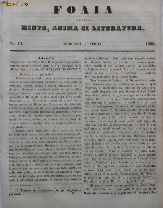 Foaia pentru minte , inima si literatura , nr. 13 , 1853