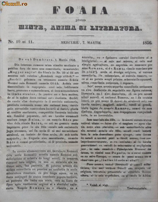 Foaia pentru minte , inima si literatura , nr. 10 si 11 , 1856