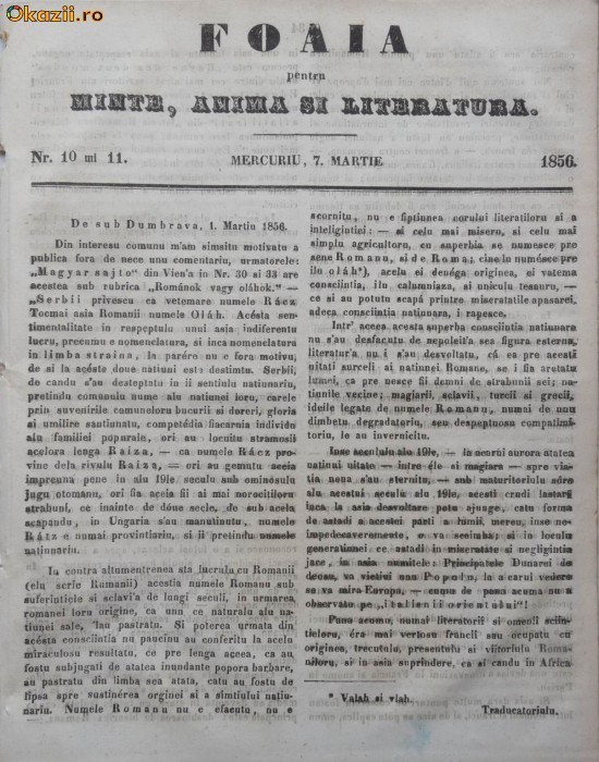 Foaia pentru minte , inima si literatura , nr. 10 si 11 , 1856