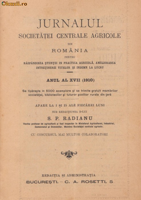 42 nr. Revista Jurnalul Societatii Agricole din Romania pe 1910-1911