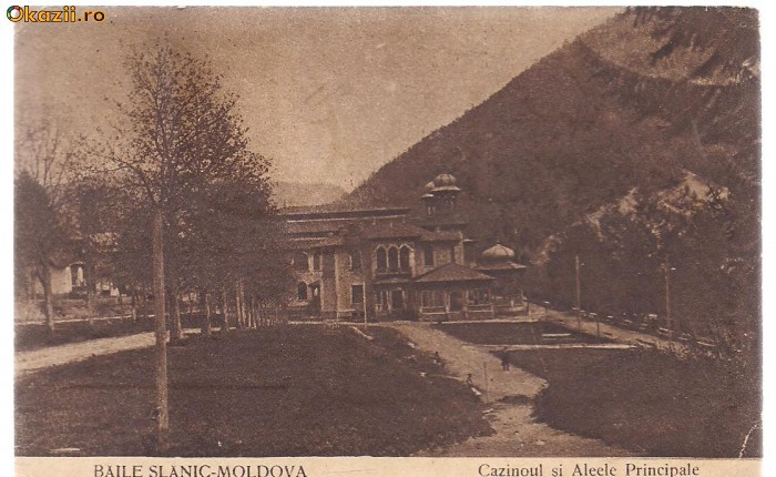 carte postala-BAILE SLANIC-MOLDOVA-cazinoul si aleele principale