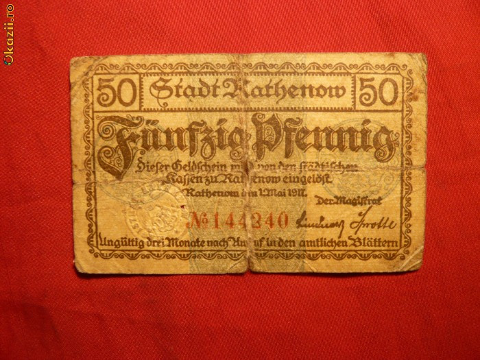 Bancnota 50 Pf.notgeld GERMANIA 1917 oras-Rathenow