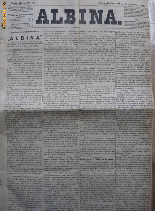 Albina , nr. 78 , 1872 , publicat la Pesta , Ungaria , in limba romana