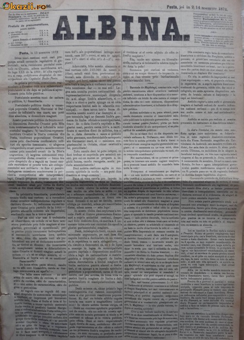 Albina , nr. 86 , 1872 , publicat la Pesta , Ungaria , in limba romana