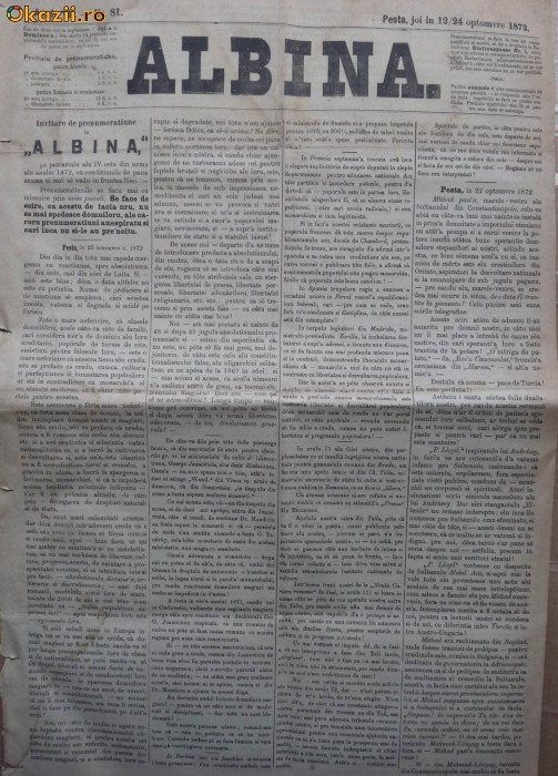 Albina , nr. 81 , 1872 , publicat la Pesta , Ungaria , in limba romana