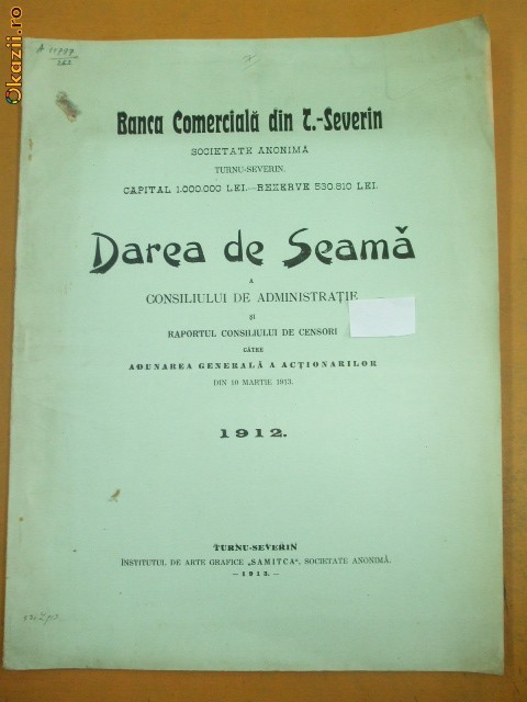 Dare de sema Banca Comerciala din T-Severin 1913