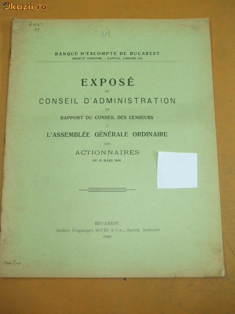 Expose de Banque d'escompte de Bucharest 1909 Expose de Banque d'escompte de Bucharest 1909