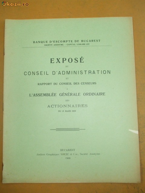 Expose de Banque d'escompte de Bucarest 1909 Expose de Banque d'escompte de Bucarest 1909