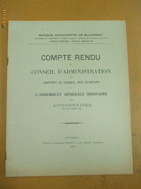 Compte Rendu Banque d'escompte de Bucarest 1912 Compte Rendu Banque d'escompte de Bucarest 1912