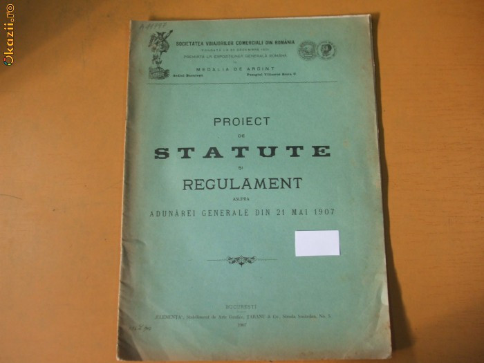 Proiect de Statut, Societatea voiajorilor comerciali din Romania, Bucuresti 1907