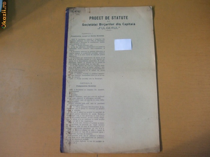 Proiect Statut Societatea Birjarilor "Fulgerul" Bucuresti 1904 Proiect Statut Societatea Birjarilor "Fulgerul" Bucuresti 1904