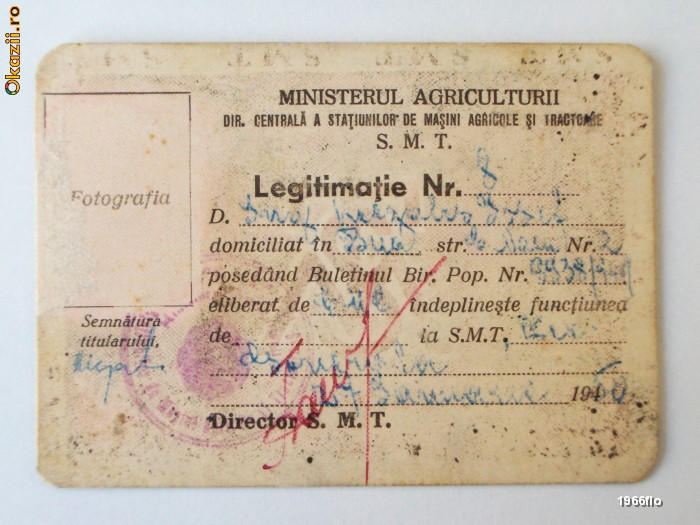 ROMANIA LEGITIMATIE SMT DIR CENTRALA STAT. MASINI AGRICOLE TRACTOARE 1950 **