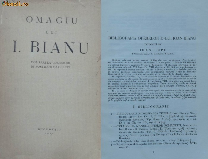 Omagiu lui I. Bianu din partea colaboratorilor, 1927, studii istorice
