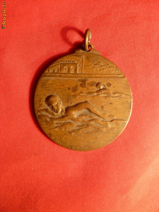 Medalie cu toarta -Camp.Judetene RPR 1950 - INOT , d= 3,7 cm , Bronz , Semnata