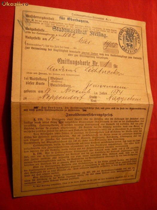 Autorizatie de sedere in oras Freising -1905