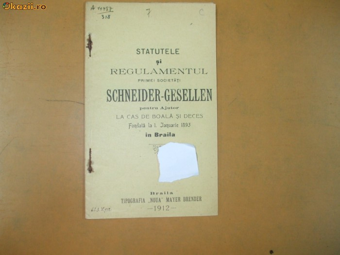 Statute Soc. Schneider - Gesellen pentru ajutor Braila 1912