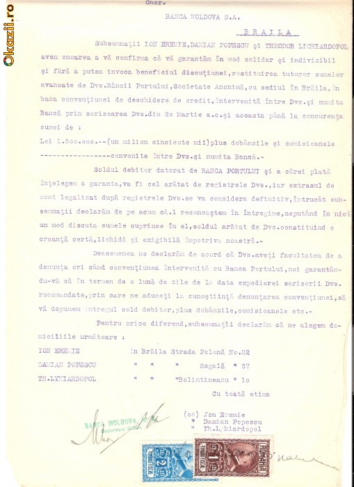 73 Document vechi fiscalizat-22martie1929-Ion Eremie; Damian Popescu si Theodor Lichiardopol(Lykiardopol)(grec?) -catre Banca Moldova SA