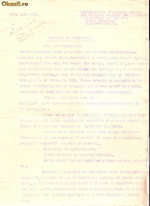 60 Document vechi fiscalizat-12iulie1938-Braila-Contract inchiriere: Welver(Leopold) Haber din Caracal, jud.Romanati, inchiriaza lui Samoil Weiss