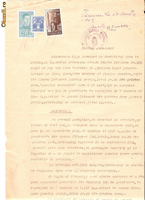 80 Document vechi fiscalizat-10martie1940-Olga Berechet, ce sta la Banica Mironescu,versus Gherghina si Nicolae Mardare,Varsatura,Chiscani, jud.Braila