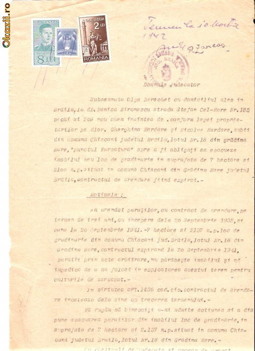 80 Document vechi fiscalizat-10martie1940-Olga Berechet, ce sta la Banica Mironescu,versus Gherghina si Nicolae Mardare,Varsatura,Chiscani, jud.Braila