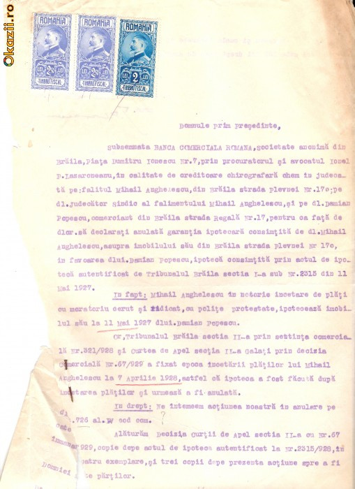 67 Document vechi fiscalizat-1929-Braila-Banca Comerciala Romana, Piata Dumitru Ionescu nr7, confirma ipoteca M.Angelescu catre Damian Popescu