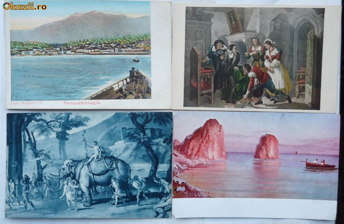 4 ilustrate color Italia , una cromolitografiata , inceput secol 20 , deosebite