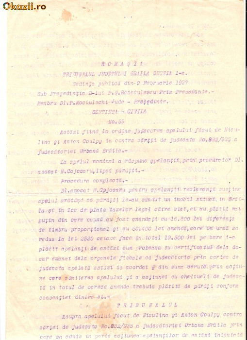 86 Document vechi fiscalizat-28maiu1937-Radulescu si PMociulchi,judecatori,Braila-Niculina si Anton Coulpy versus Eufrosina si Constantin Mihailescu