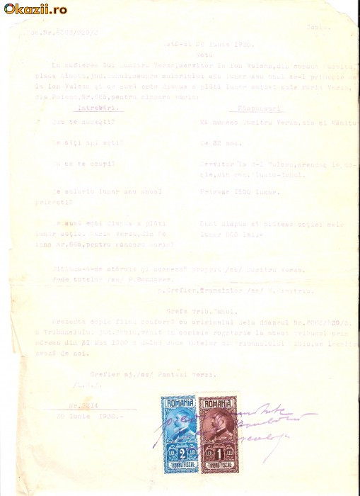 62 Document vechi fiscalizat-30iunie1930-Cahul-Sibiu- Dumitru Verza zis Manitu,servitor la Ion Vulcan,com.Musaitu,plasa Albota,jud.Cahul-plata fica