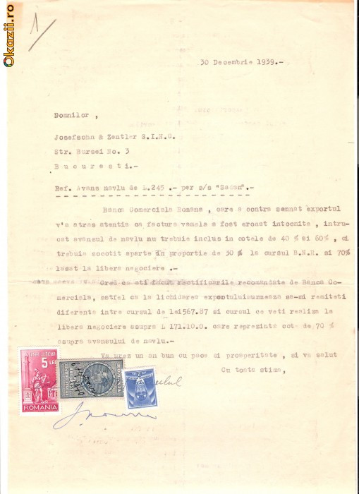 113 Document vechi fiscalizat-30dec1939 -Domnilor SNC Josefshon&amp;amp;Zentler SINC, referitor la diferenta de navlu -BCR